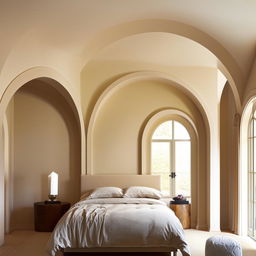 Elegant bedroom with off-white walls featuring semi-circular arches behind the bed.