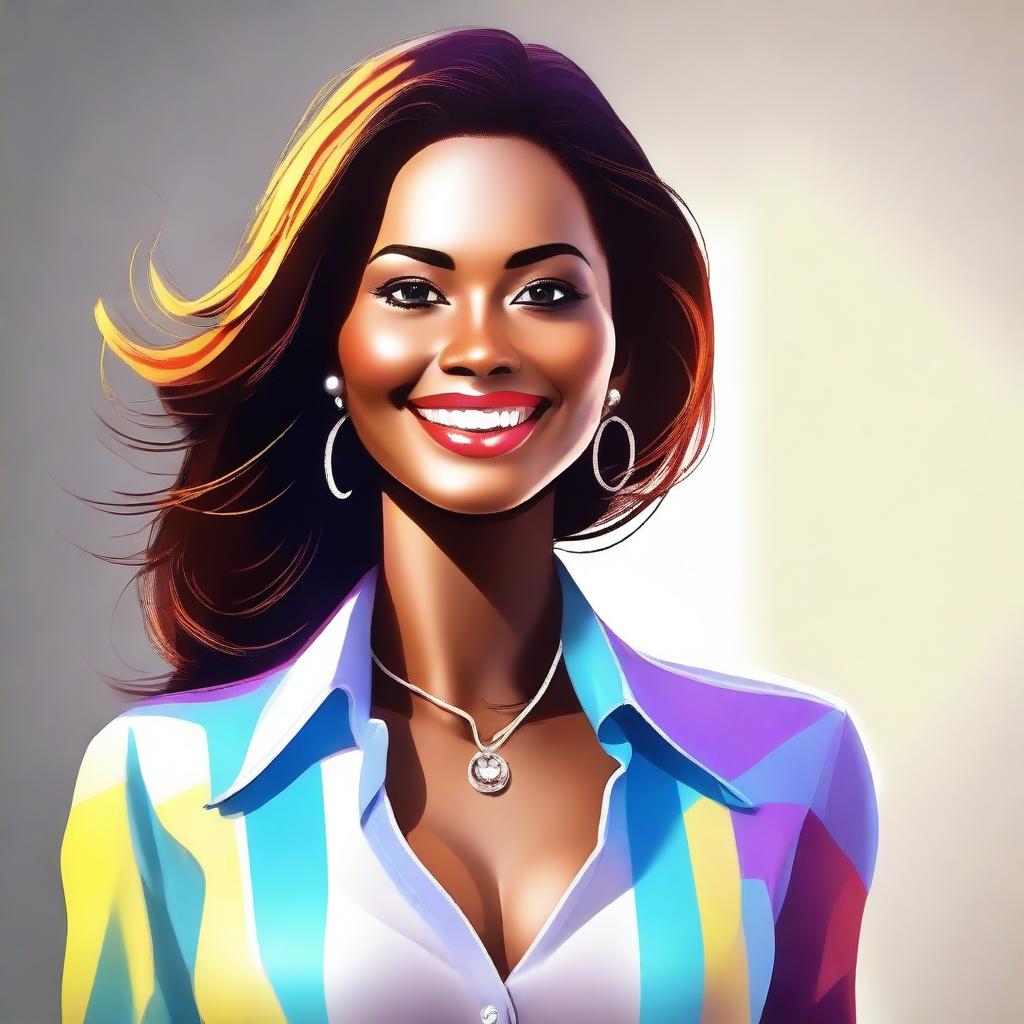 A high-quality digital art representation of a confident woman in a stylish outfit