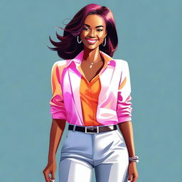 A high-quality digital art representation of a confident woman in a stylish outfit