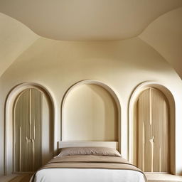 Elegant bedroom with off-white walls featuring semi-circular arches behind the bed.