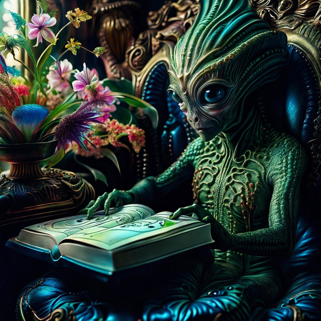 A hyper-realistic 3D photograph of a majestic alien reading an antique book, seated on a rococo chair amidst vibrant, fantastical flowers. The scene is bathed in soft, ethereal light, creating a sense of tranquillity and intelligence.