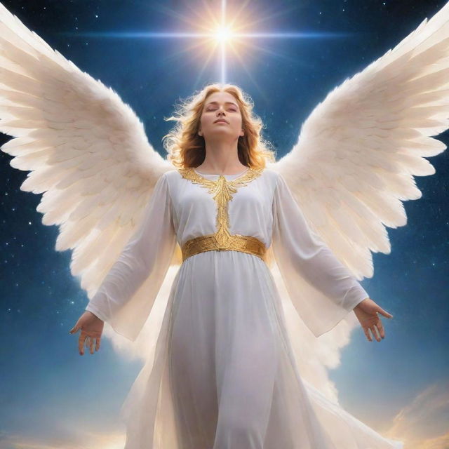 A majestic angel radiating holy energy under the celestial heavens.