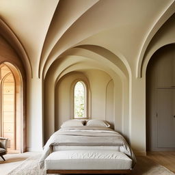 Elegant bedroom with off-white walls featuring semi-circular arches behind the bed.