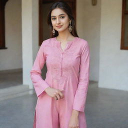 A beautiful girl taking a selfie in pink kurta and pants.