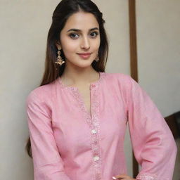 A beautiful girl taking a selfie in pink kurta and pants.