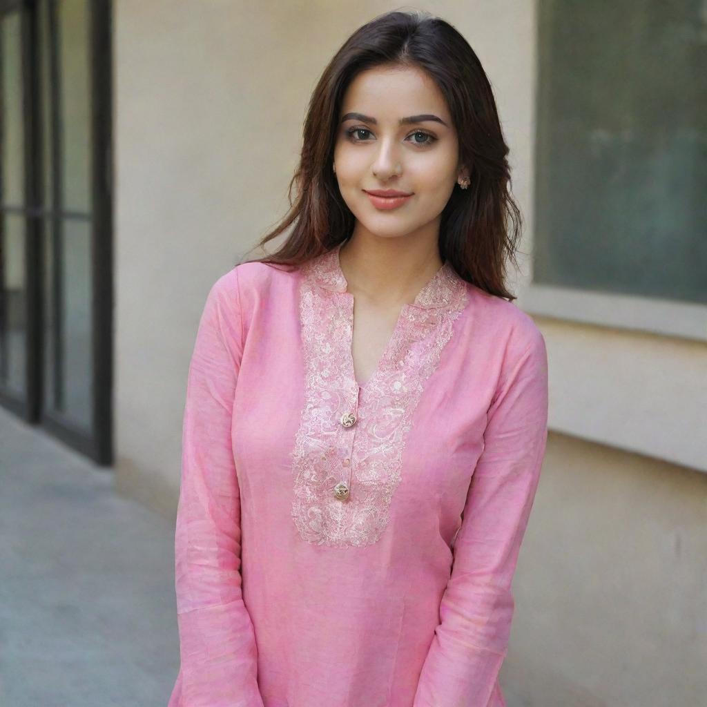 A beautiful girl taking a selfie in pink kurta and pants.