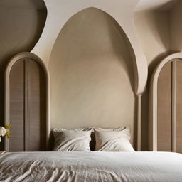 Elegant bedroom with off-white walls featuring semi-circular arches behind the bed.