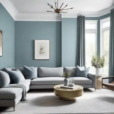 The walls of the modern living room were painted in a soothing gray-blue color, adding a touch of elegance.
