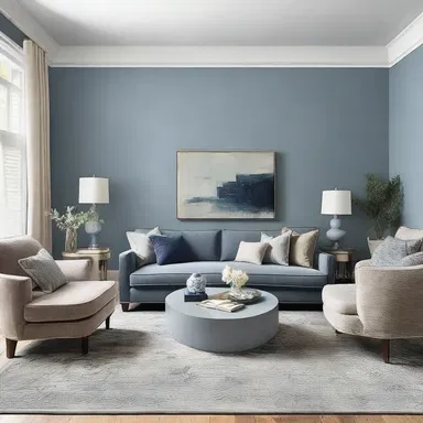 The walls of the modern living room were painted in a soothing gray-blue color, adding a touch of elegance.