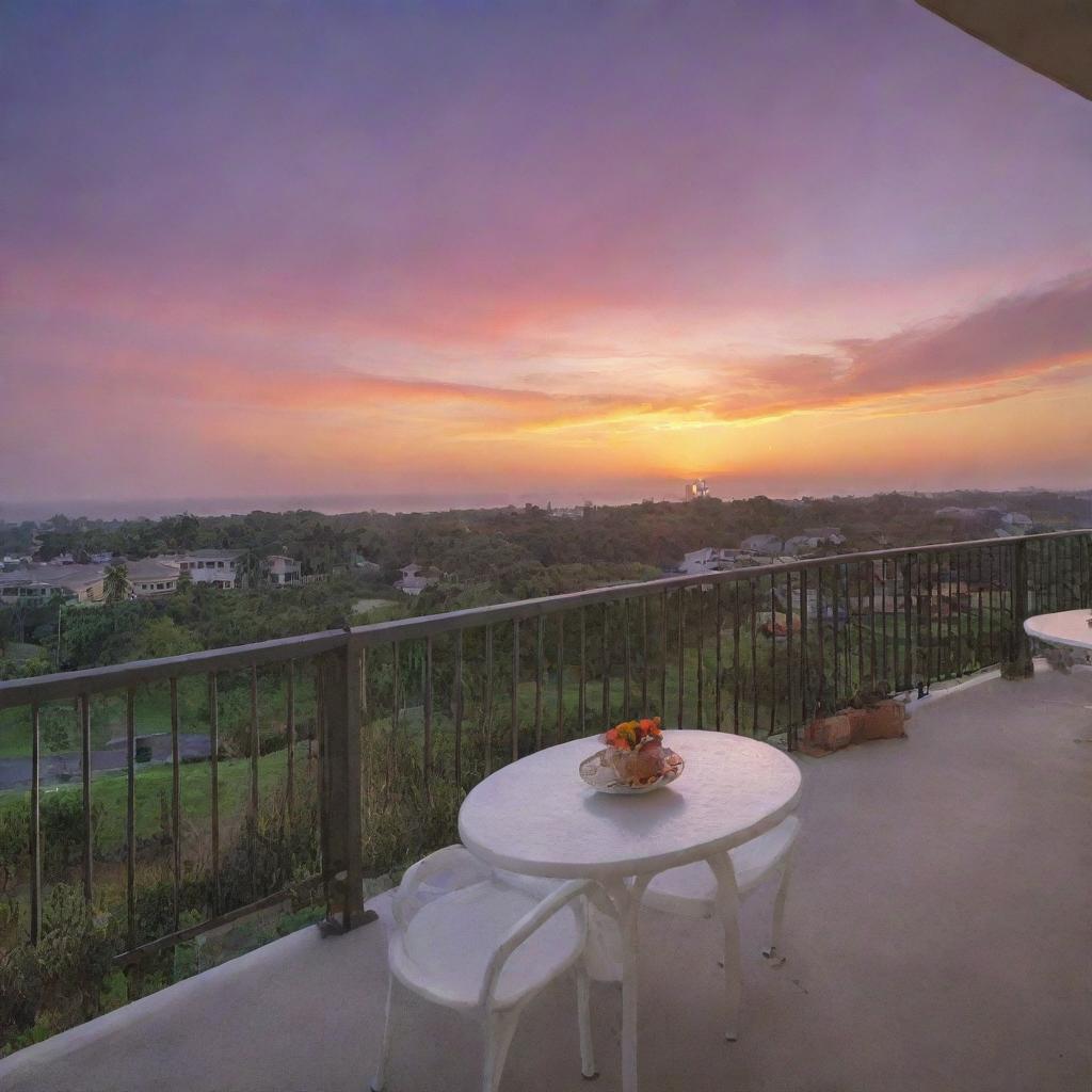 A serene scene of a breathtaking sunset viewed from a spacious balcony.