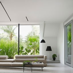 Design a modern, minimalist living room with sleek furniture, large windows, and a monochromatic color scheme enhanced by lush green plants.