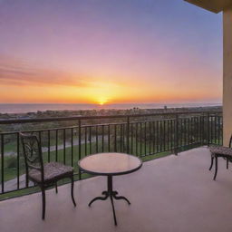 A serene scene of a breathtaking sunset viewed from a spacious balcony.