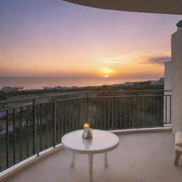 A serene scene of a breathtaking sunset viewed from a spacious balcony.