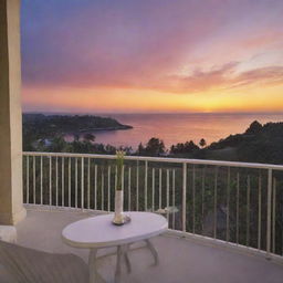 A serene scene of a breathtaking sunset viewed from a spacious balcony.