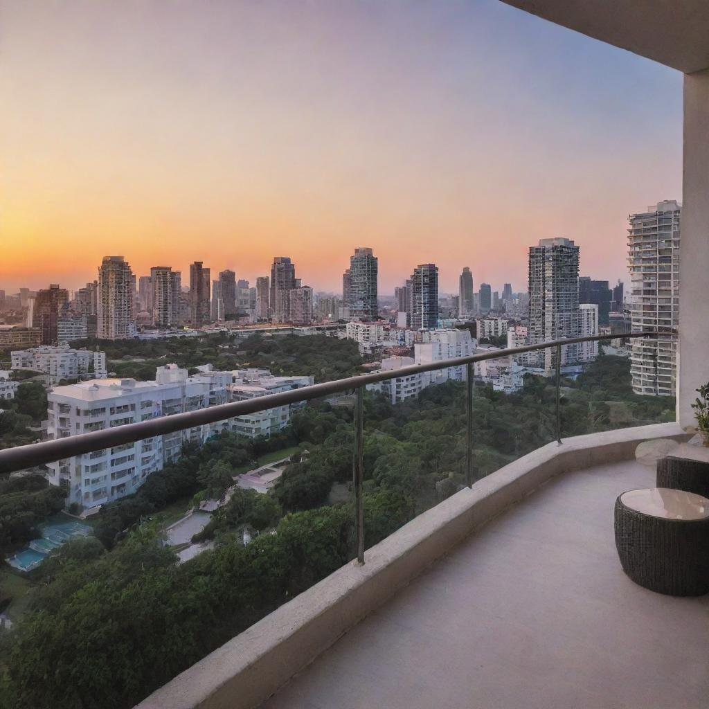 Revise the condominium image to showcase a calm and stunning sunset as viewed from the balcony, casting a warm light over the surrounding cityscape.