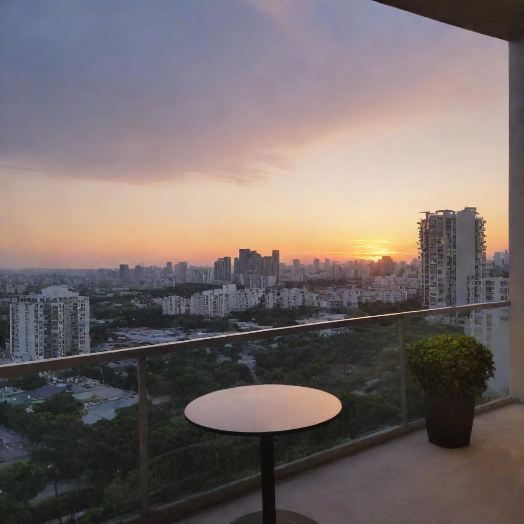 Revise the condominium image to showcase a calm and stunning sunset as viewed from the balcony, casting a warm light over the surrounding cityscape.