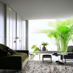 Design a modern, minimalist living room with sleek furniture, large windows, and a monochromatic color scheme enhanced by lush green plants.