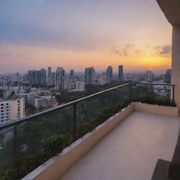 Revise the condominium image to showcase a calm and stunning sunset as viewed from the balcony, casting a warm light over the surrounding cityscape.