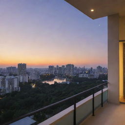 Revise the condominium image to showcase a calm and stunning sunset as viewed from the balcony, casting a warm light over the surrounding cityscape.