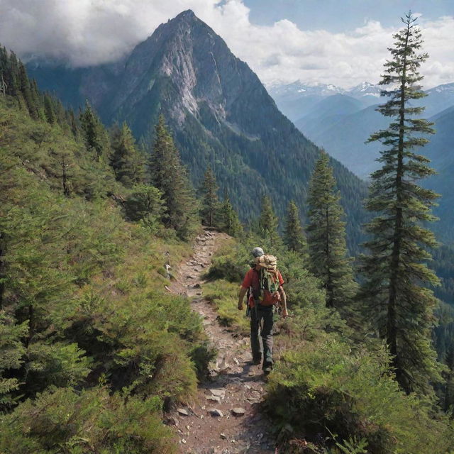 A mountain climber navigating through dense forest with a picturesque mountain range in the background.