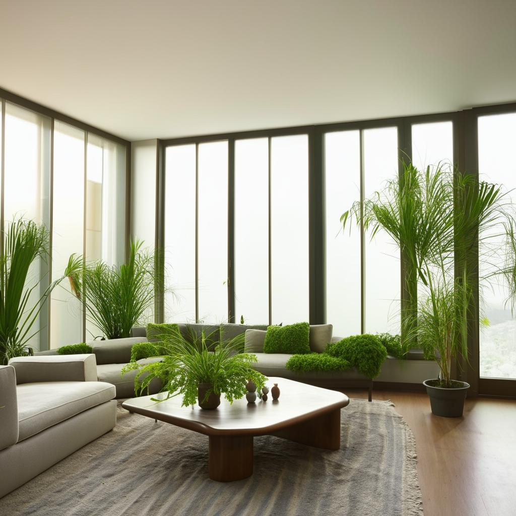 Design a modern, minimalist living room with sleek furniture, large windows, and a monochromatic color scheme enhanced by lush green plants.