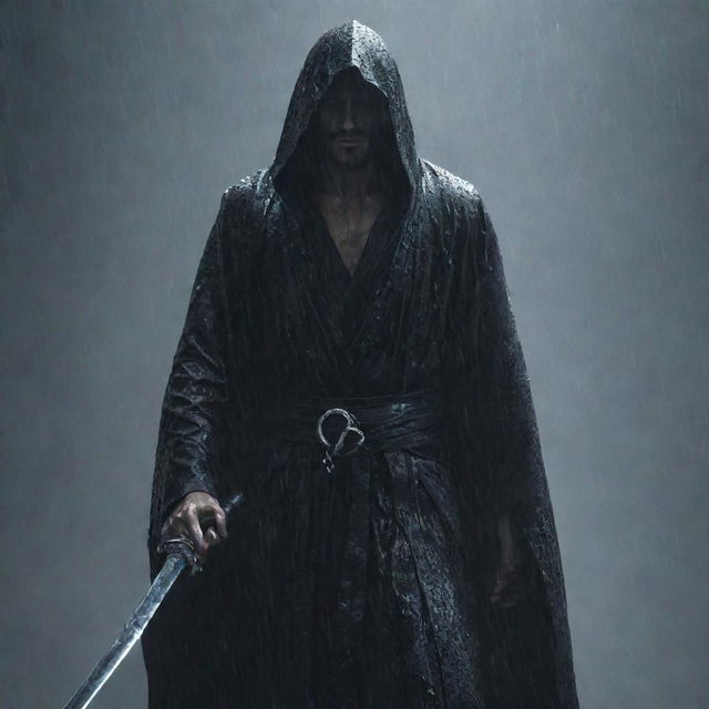 A mysterious, ethereal Soul Reaper standing ominously in the heavy rainfall, gripping a gleaming, ominous sword.