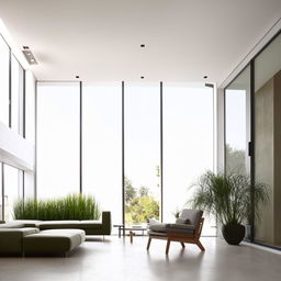 Design a modern, minimalist living room with sleek furniture, large windows, and a monochromatic color scheme enhanced by lush green plants.