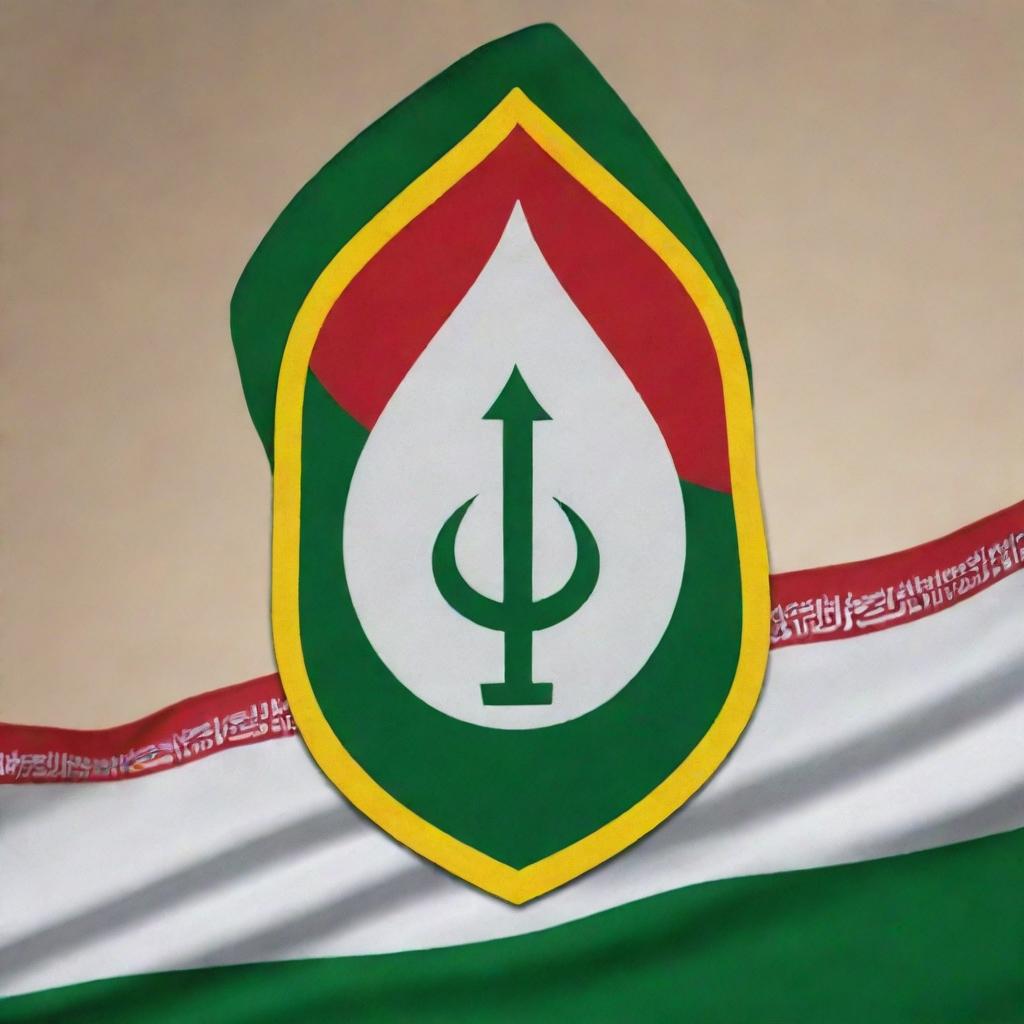 The emblem of Iran's Islamic Revolutionary Guard Corps (IRGC), superimposed over a background of the Iranian flag waving in the wind.