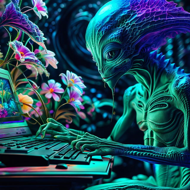 A hyper-realistic 3D photograph of a majestic alien typing on a rococo-inspired futuristic computer, surrounded by vibrant, otherworldly flowers. The image is a close-up, high-definition shot filled with vibrant colours and fantasy vibes.