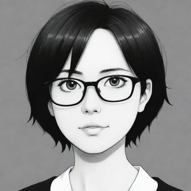 Anime character with short, black hair, wearing glasses in black and white.