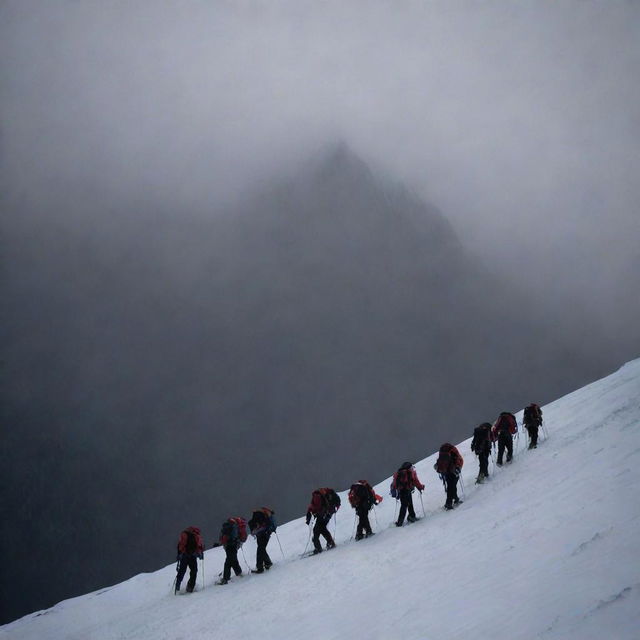 Five mountain climbers ascending a slope, with the darkness looming behind them.