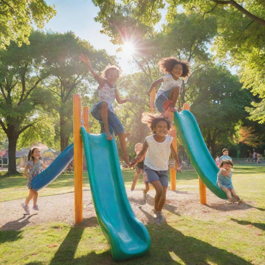 A group of joyful children playing in a vibrant, sunlit park with a clear blue sky, lush green trees, and a colorful playground in the background.