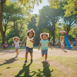 A group of joyful children playing in a vibrant, sunlit park with a clear blue sky, lush green trees, and a colorful playground in the background.