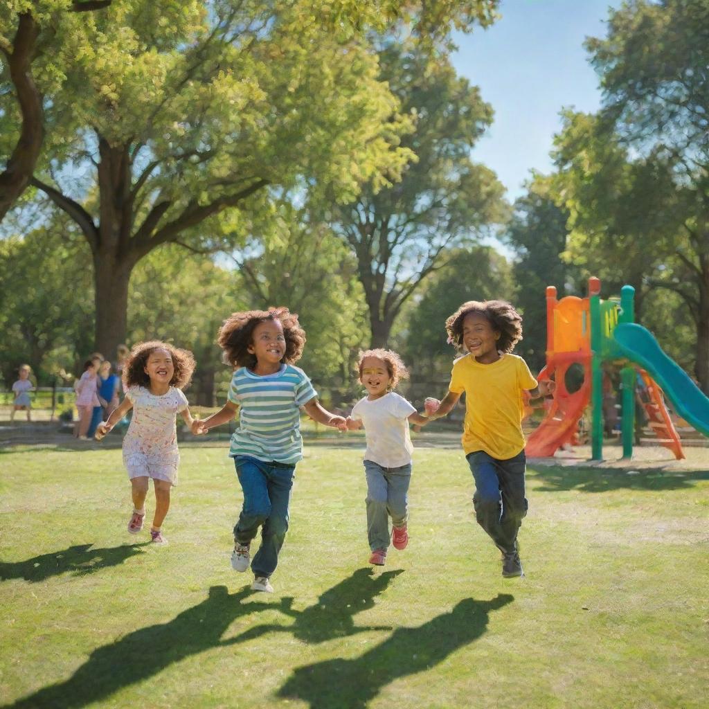 A group of joyful children playing in a vibrant, sunlit park with a clear blue sky, lush green trees, and a colorful playground in the background.