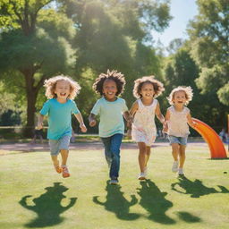 A group of joyful children playing in a vibrant, sunlit park with a clear blue sky, lush green trees, and a colorful playground in the background.