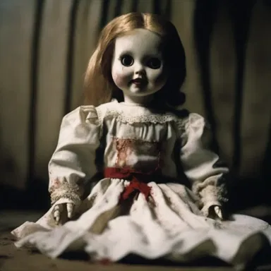 In the horror movie, the possessed doll mysteriously refaces its torn dress to appear more menacing.