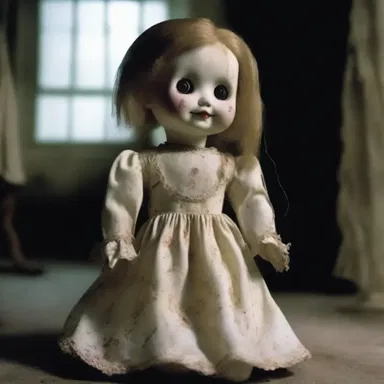 In the horror movie, the possessed doll mysteriously refaces its torn dress to appear more menacing.