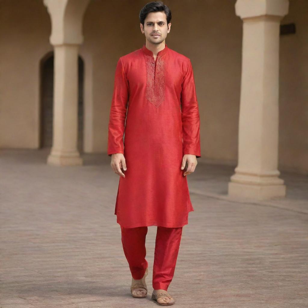 Alter the existing image to feature a red kurta and matching pants