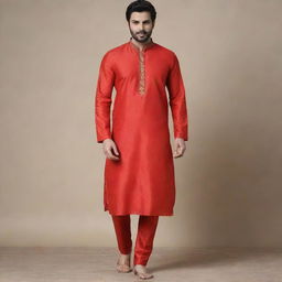 Alter the existing image to feature a red kurta and matching pants