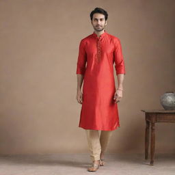 Alter the existing image to feature a red kurta and matching pants