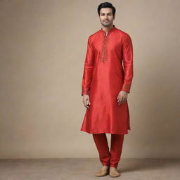 Alter the existing image to feature a red kurta and matching pants