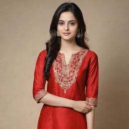 Modify the current image to depict a beautiful girl dressed in red kurta and pants