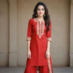 Modify the current image to depict a beautiful girl dressed in red kurta and pants