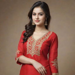 Modify the current image to depict a beautiful girl dressed in red kurta and pants