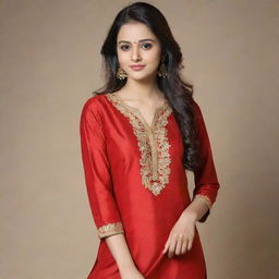 Modify the current image to depict a beautiful girl dressed in red kurta and pants