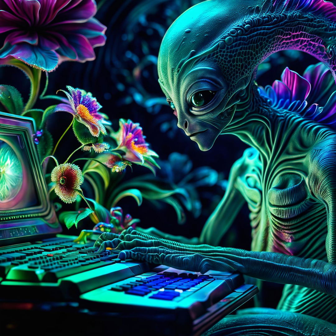 A hyper-realistic 3D photograph of a majestic alien typing on a rococo-inspired futuristic computer, surrounded by vibrant, otherworldly flowers. The image is a close-up, high-definition shot filled with vibrant colours and fantasy vibes.