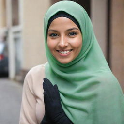 A smiling girl with a beige hijab, long green skirt, and black gloves. Her skin is white, her eyes are black, and she has a dimple on her right cheek.