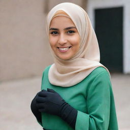 A smiling girl with a beige hijab, long green skirt, and black gloves. Her skin is white, her eyes are black, and she has a dimple on her right cheek.