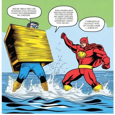 In the comic strip, the superhero uses the washboard as a shield against water-based attacks from the villain.
