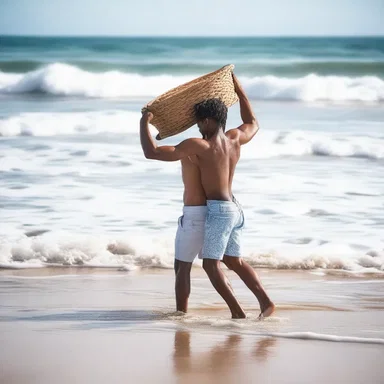 As the couple strolled along the beach, the man held the washboard over his partner's head, protecting her from the splashes of the ocean waves.
